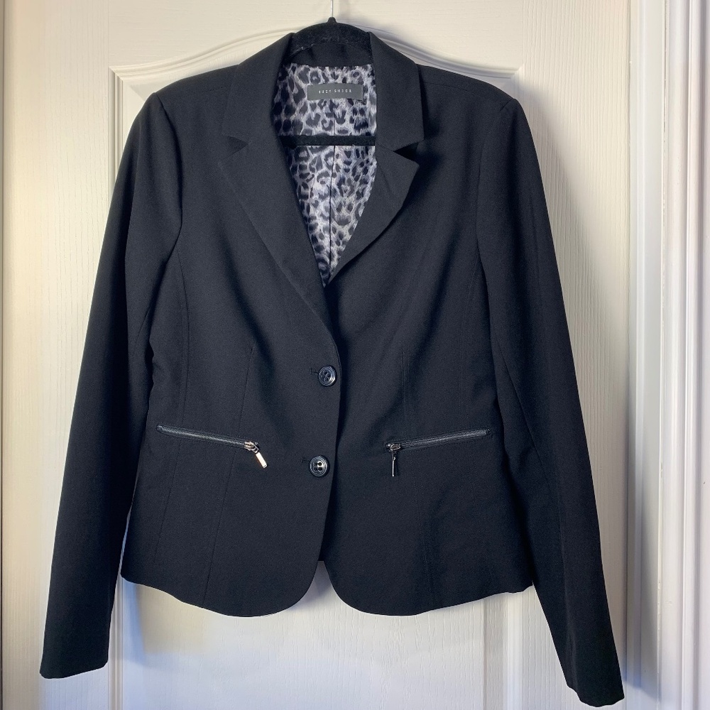 Suzy Shier Black Tailored Blazer – Leopard Lined Chic Workwear Jacket‎ L